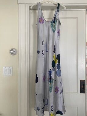100% Silk Laundry Scoop Neck Slip Dress with Abstract Floral Print